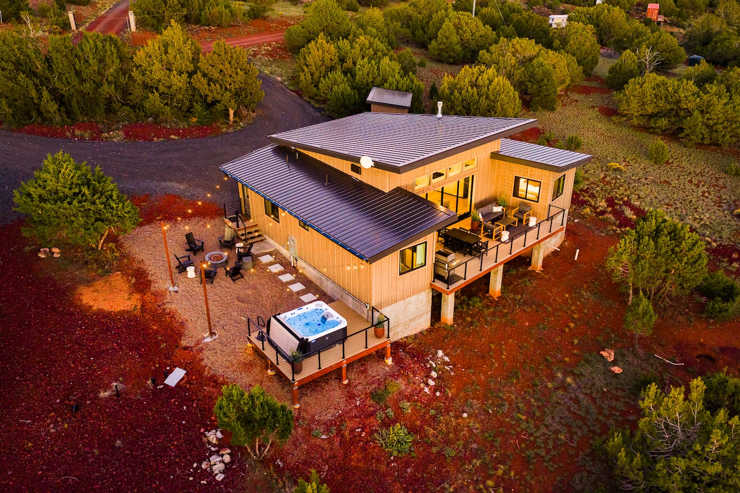 Aerial view of the home, deck and hot tub